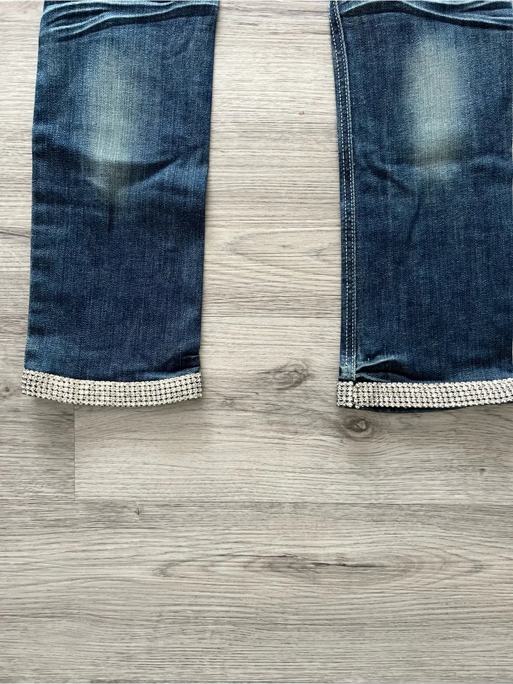 A7 Swarovski Crystal Distressed Jeans Size 1 | Rhinestone Hem | Low Rise